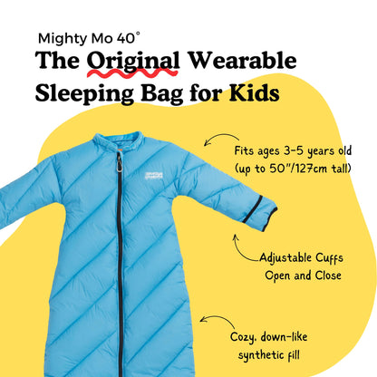 Mighty Mo 40° Kids Sleeping Bag (Ages 3-5). The Comfiest, Coziest Camping Sleeping Bag for Kids, with Adjustable Cuffs. (Bayberry Blue)