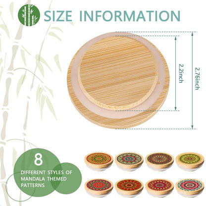 Beeveer 8 Pcs Mason Jar Lids for Regular Mouth Bamboo Mandala Decorative Storage Yogurt Jar Lids 2.76 Inch with Airtight Silicone Sealing Rings Reusable for Round Canning