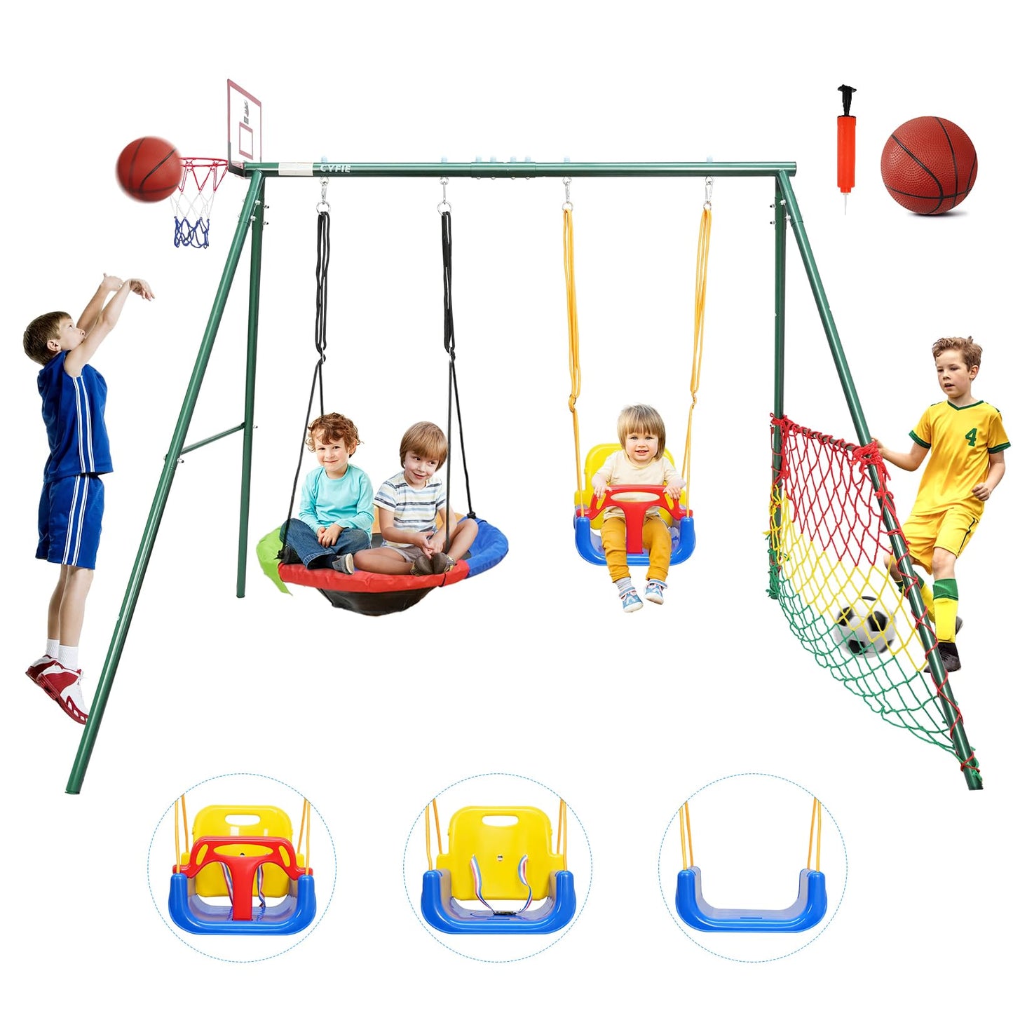 CYFIE Swing Sets for Backyard, 7-in-1 Kids Swing Set and Saucer Swing, Outdoor 440lbs Heavy Duty Metal Frame Stand, Basketball Hoop and Soccer Goal, Toddler Playset for Backyard, Playground