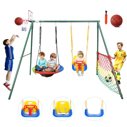 CYFIE Swing Sets for Backyard, 7-in-1 Kids Swing Set and Saucer Swing, Outdoor 440lbs Heavy Duty Metal Frame Stand, Basketball Hoop and Soccer Goal, Toddler Playset for Backyard, Playground