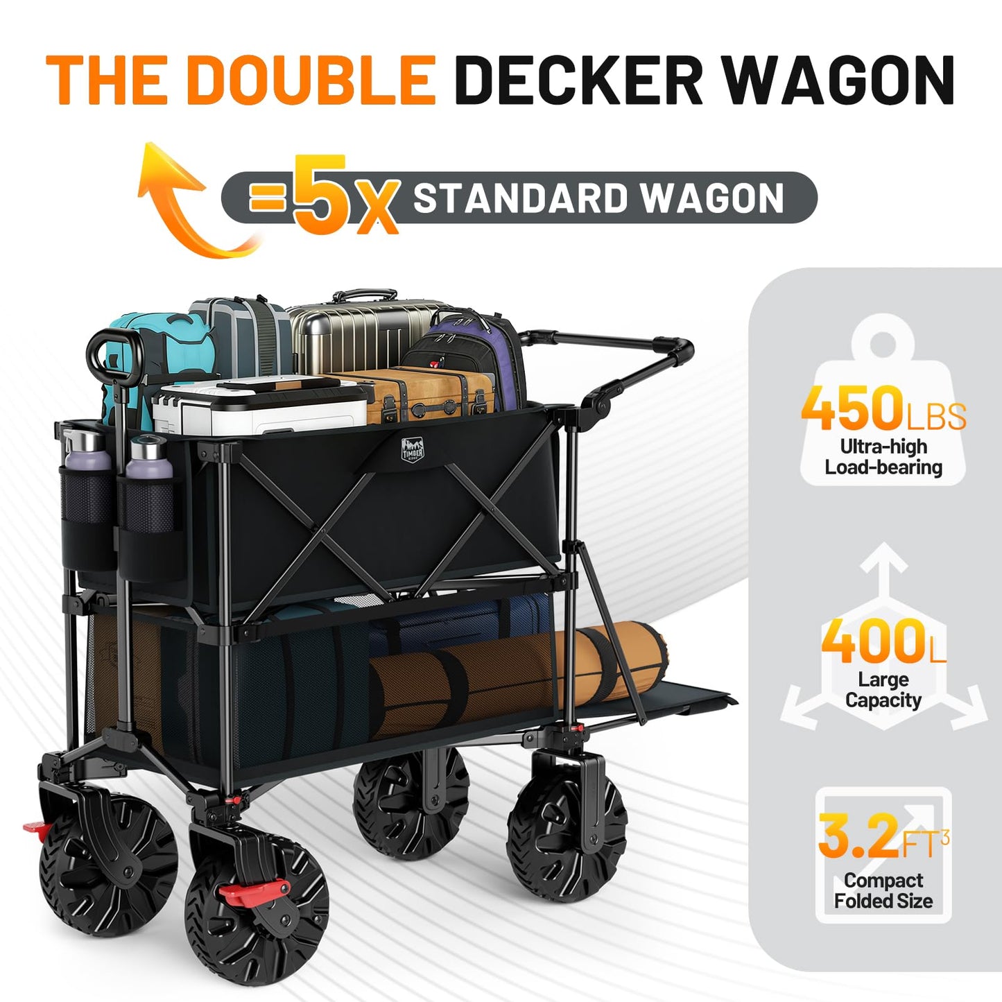 TIMBER RIDGE Push & Pull Double Decker Wagon, 400L Large Capacity Heavy Duty & 450lb Load, Collapsible Cart with All-Terrain Wheels & Brakes, 54” Extended Foldable for Sports, Beach, Camping, Black