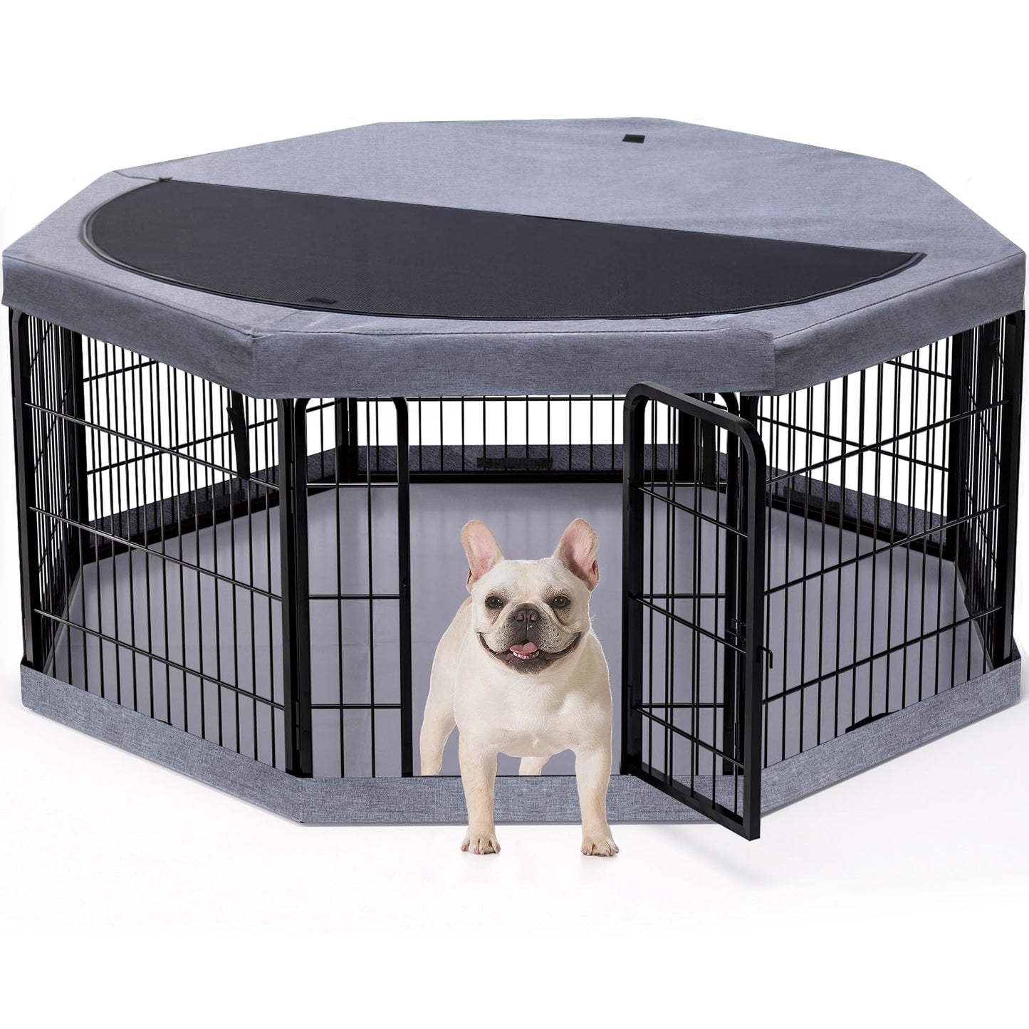 PETIME Dog Playpen,Metal Exercise Puppy Pen Heavy Duty Kennels Yard Fence Indoor/Outdoor 22" W x 24" H 8 Panels Dog Cage with Octagon Top Cover and Bottom Pad