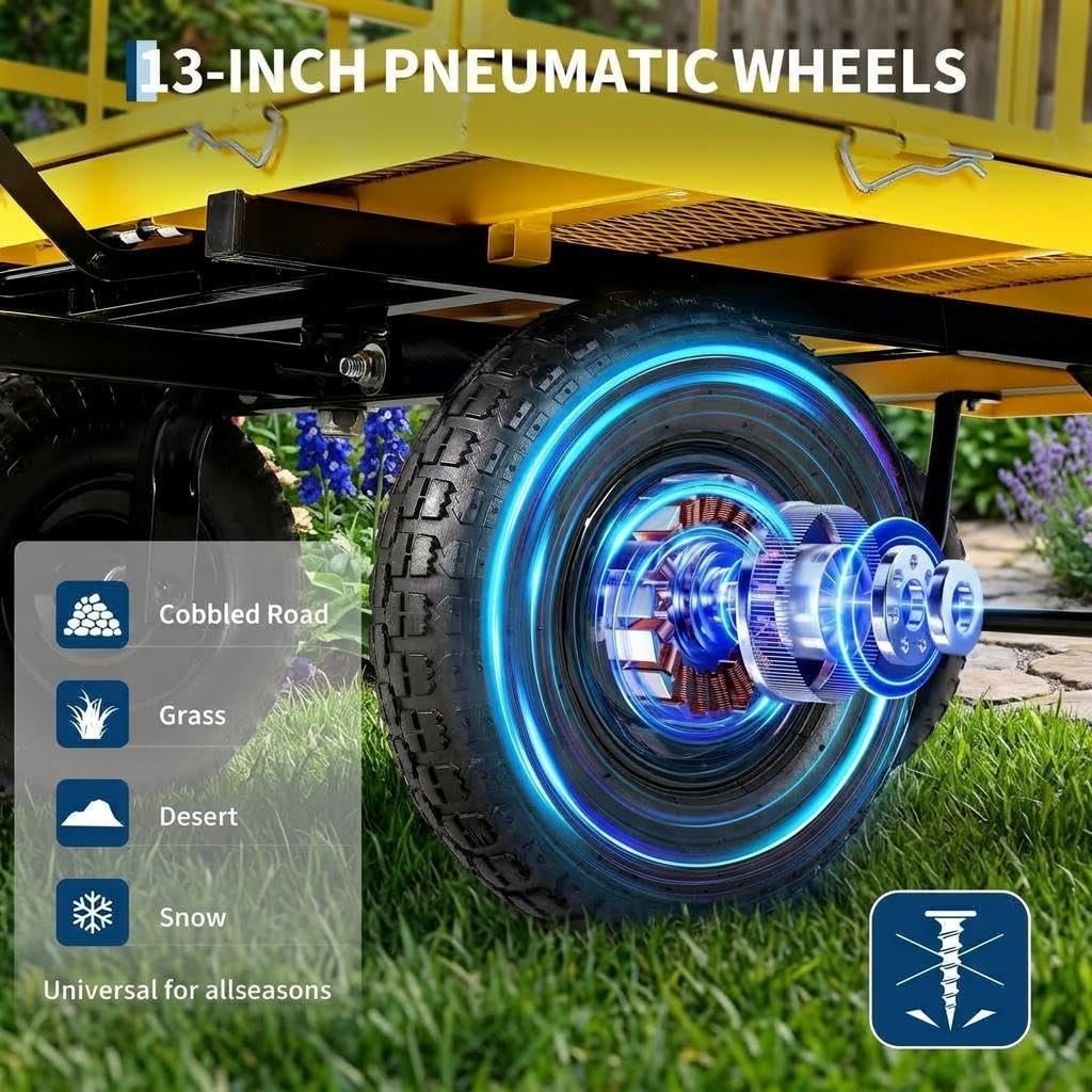Heavy Duty 4-in-1 Steel Garden Dump Cart - 1500 lbs Capacity - 13 Inch All-Terrain Wheels - Removable Mesh Sides & Swivel Handle - Yellow Frame, Black Hubs & Handlebars