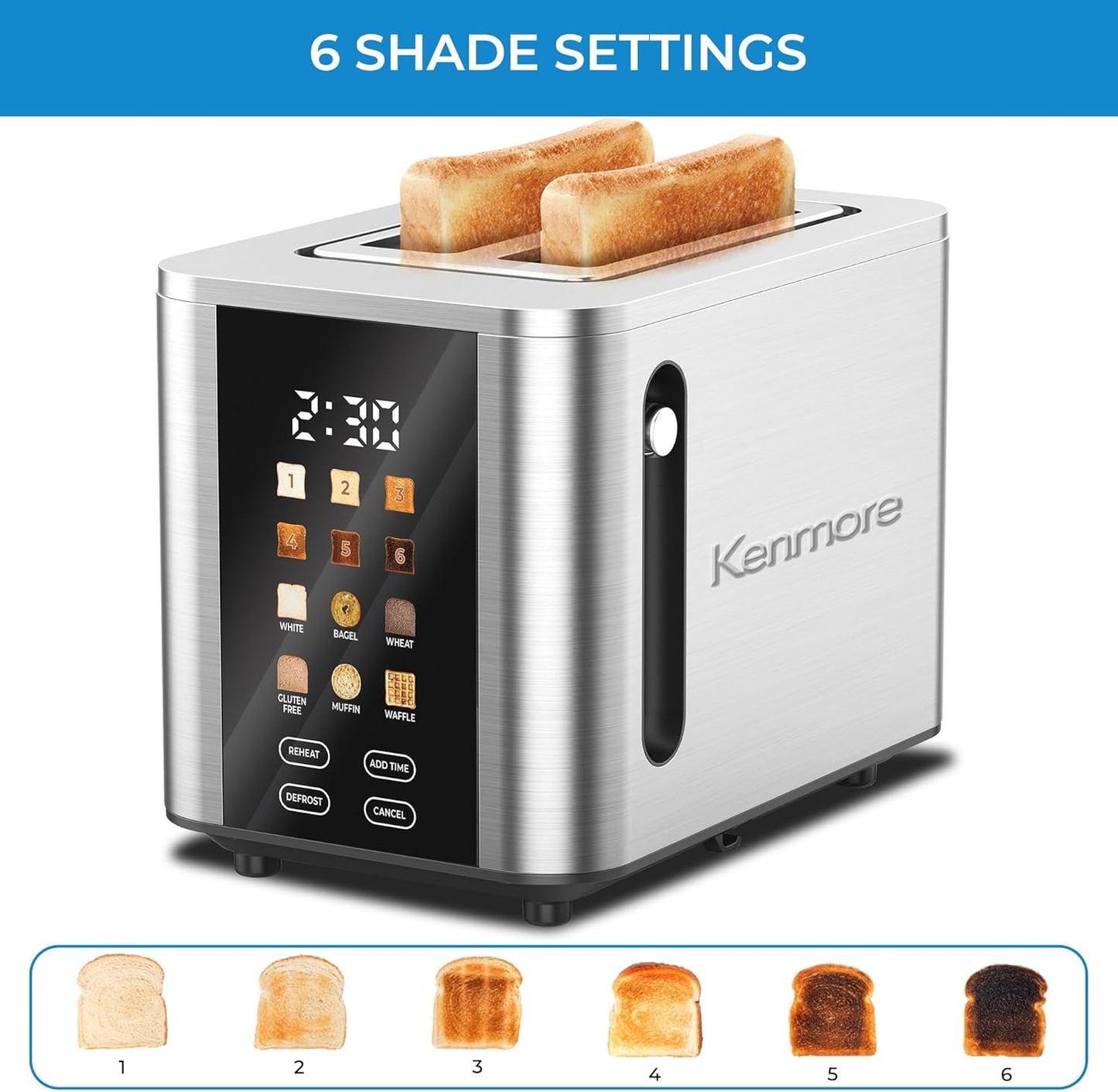 Kenmore 2-Slice Toaster - Touch Screen Controls, 6 Shade Settings & Extra Wide Slots | Stainless Steel