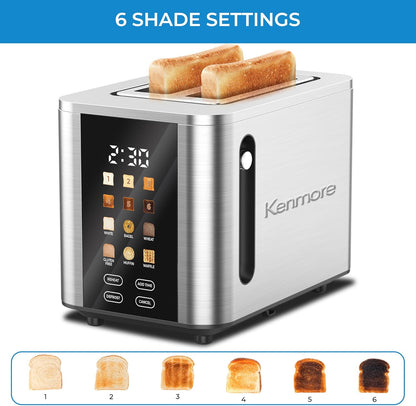 Kenmore 2-Slice Toaster - Touch Screen Controls, 6 Shade Settings & Extra Wide Slots | Stainless Steel