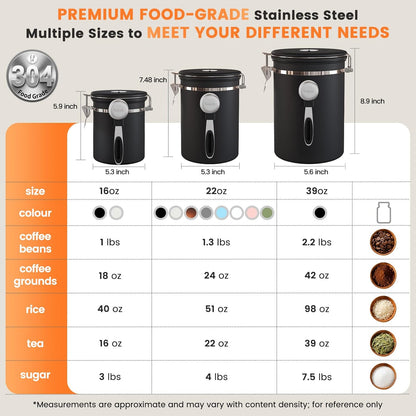 Veken Coffee Canister - Airtight Stainless Steel Container with Window - 22oz Black for Freshness