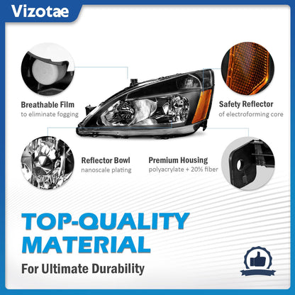 Vizotae Headlights Assembly for 2003-2007 Honda Accord Halogen Headlamp Replacement, High/Low Beam W/Bulbs, Driver & Passenger Side