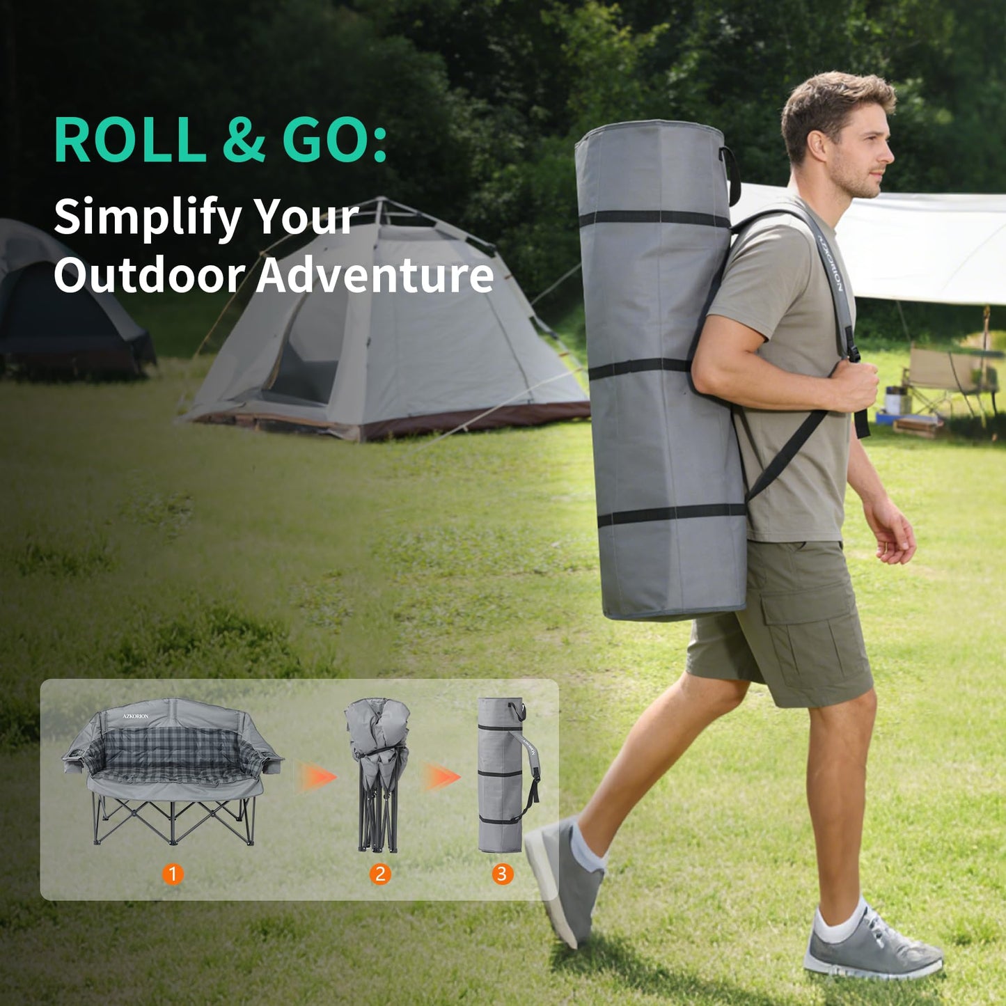 Oversized Double Camping Chair Heavy Duty Padded Double Folding Chair with Cup Holders & Carry Bag Foldable 2 Person Camping Chairs Outdoor Portable Couch for Lawn, Sports - Supports 900LBS Grey