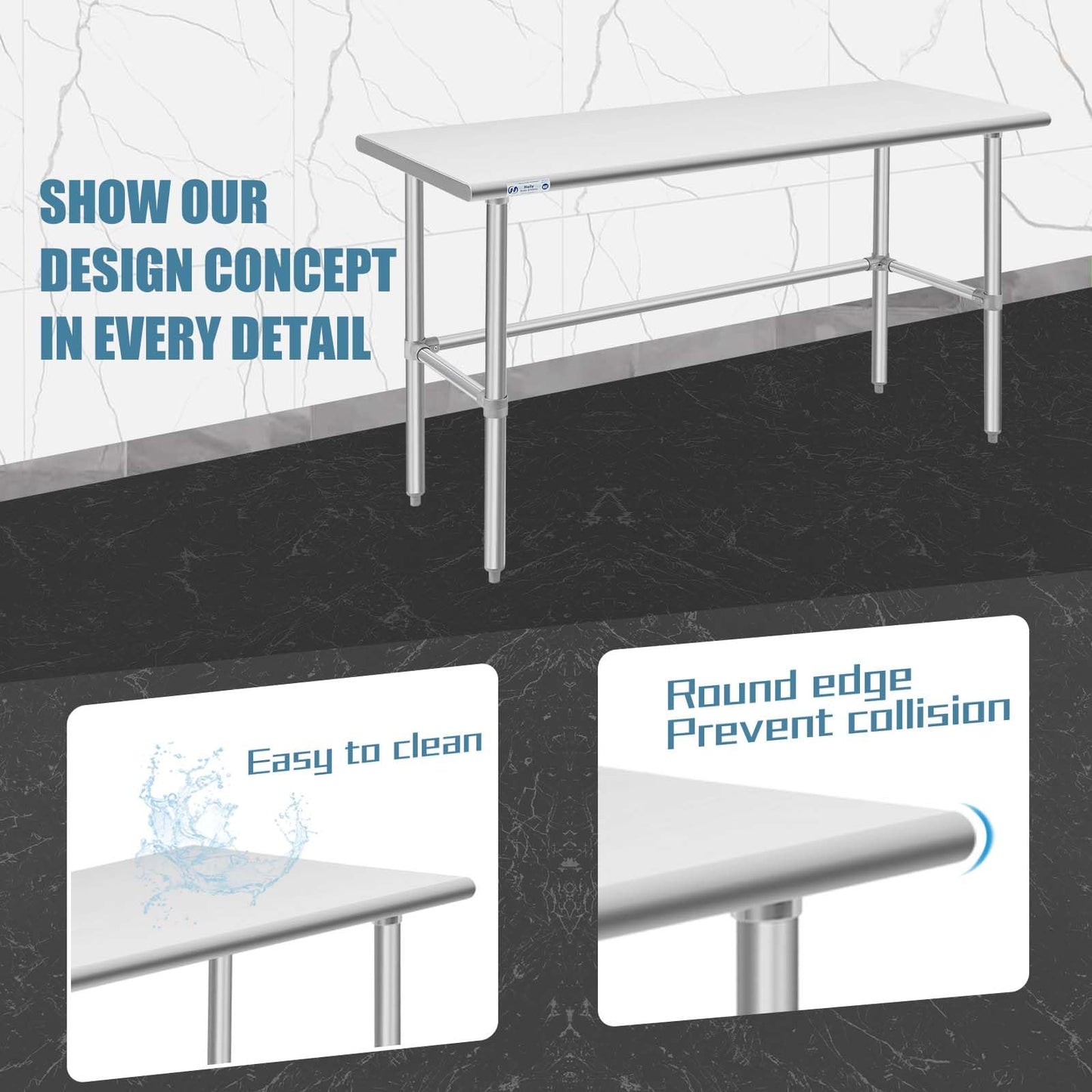 Hally Open Base Stainless Steel Table 24 x 60 Inches, NSF Commercial Heavy Duty Prep & Work Table with Galvanized Legs for Restaurant, Home and Hotel
