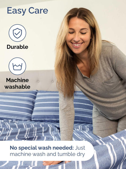 Skiennix Extra Deep King Sheet Set - 6-Piece Breathable Cooling Bedding - Luxury Soft & Wrinkle-Free - Blue Stripes