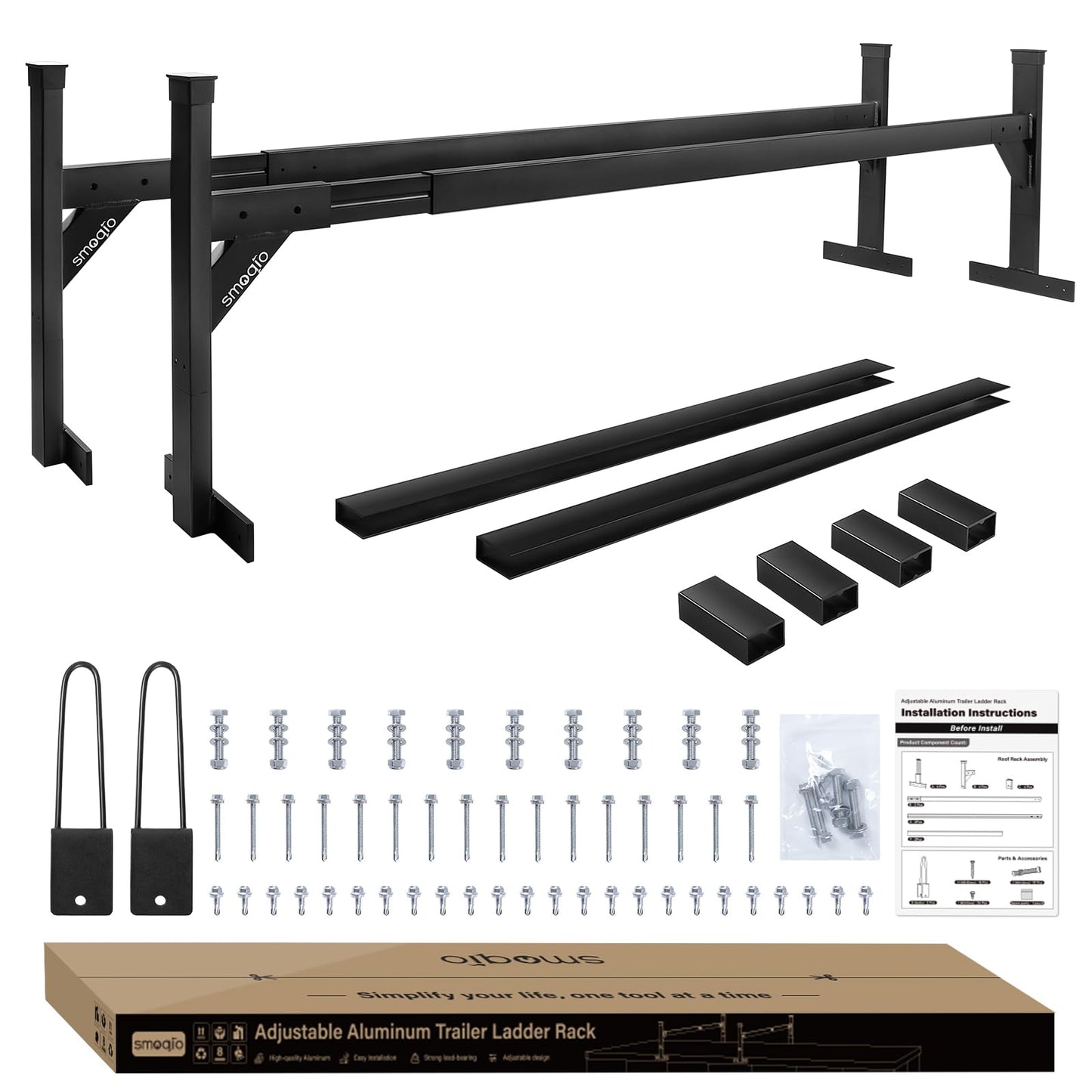 SMOQIO Trailer Ladder Rack Aluminium - 5.77'-8.65' Adjustable with Ladder Stoper, Black, Enclosed & Open Trailer Compatible