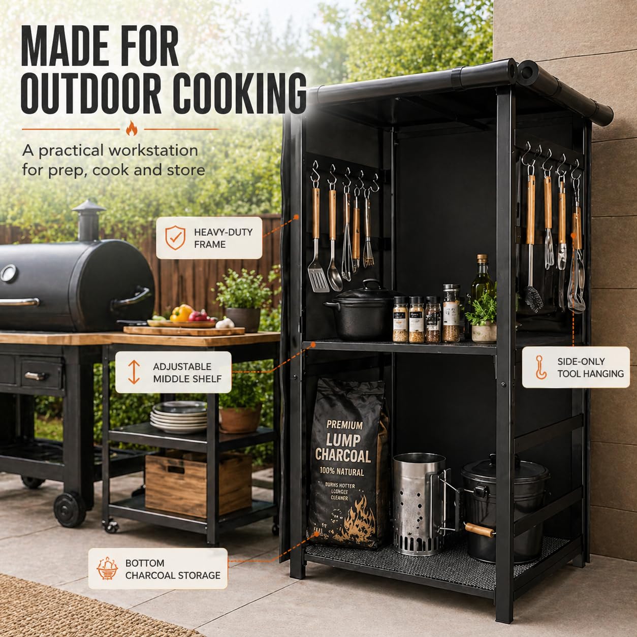 53 inch Multi-Purpose Outdoor Storage Organizer for Air Fryers, BBQ Tools and Gardening Gear – Heavy Duty Metal Utility Shelf with Adjustable Layers, Double Side Hooks and Compact Patio Design