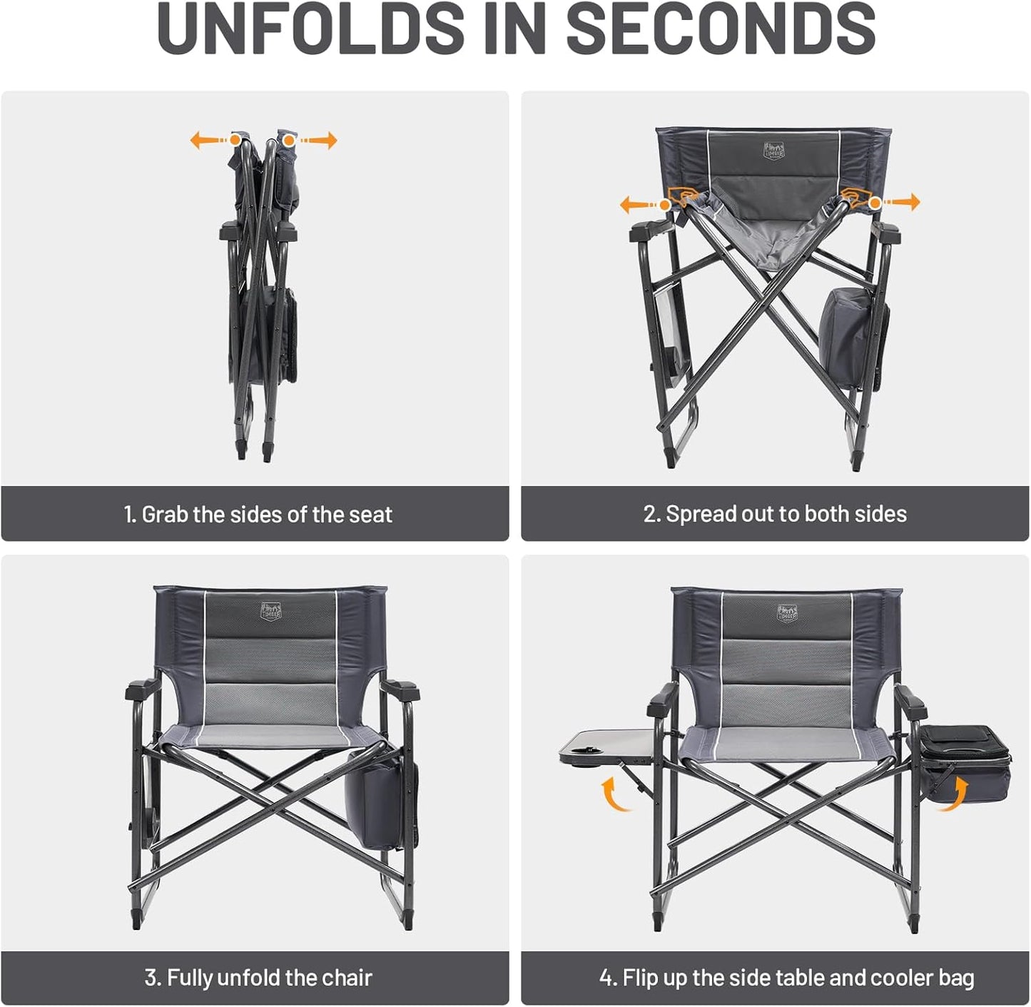 Timber Ridge XXL Oversized Directors Chair - Heavy Duty 600lbs Camping Chair with Cooler Bag & Table | Portable Grey Folding Chair for Tailgating & Outdoor Use