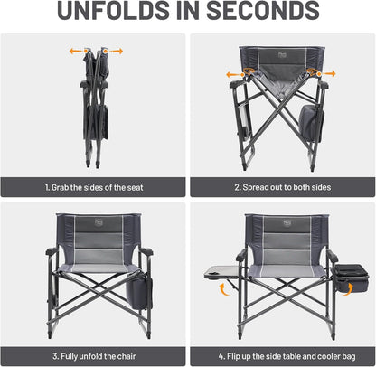 Timber Ridge XXL Oversized Directors Chair - Heavy Duty 600lbs Camping Chair with Cooler Bag & Table | Portable Grey Folding Chair for Tailgating & Outdoor Use