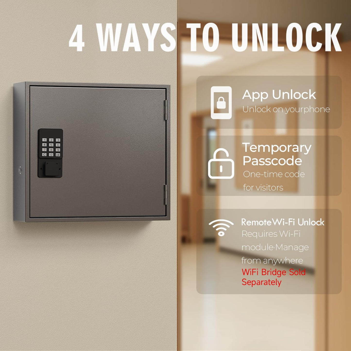 WeHere 90 Key Lock Box, Smart Key Cabinet with Key Management System, App, Bluetooth, Dynamic/Static Password, WiFi Unlock(Sold Separately), Wall-Mount Commercial Key Storage Box for Office, School