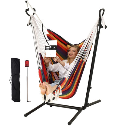 ZEYU Hammock Chair with Stand Double Hammock Chair Bohemian Style with Tassel Mobile Phone Support Manual Adjustable Swing Indoor and Outdoor Garden Porch with Floor mat Reclining Capacity 400 pounds