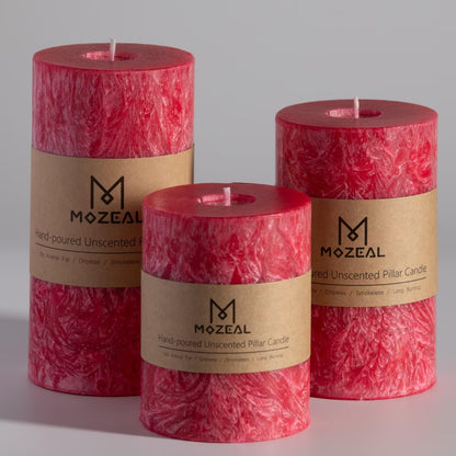 MOZEAL Hand-Poured, Unscented Red Crystal Pillar Decorative Candles, Elegant Set of 3 in Different Sizes (3"x4", 3"x5", 3"x6"), Luxurious Décor for Christmas Homes & Events