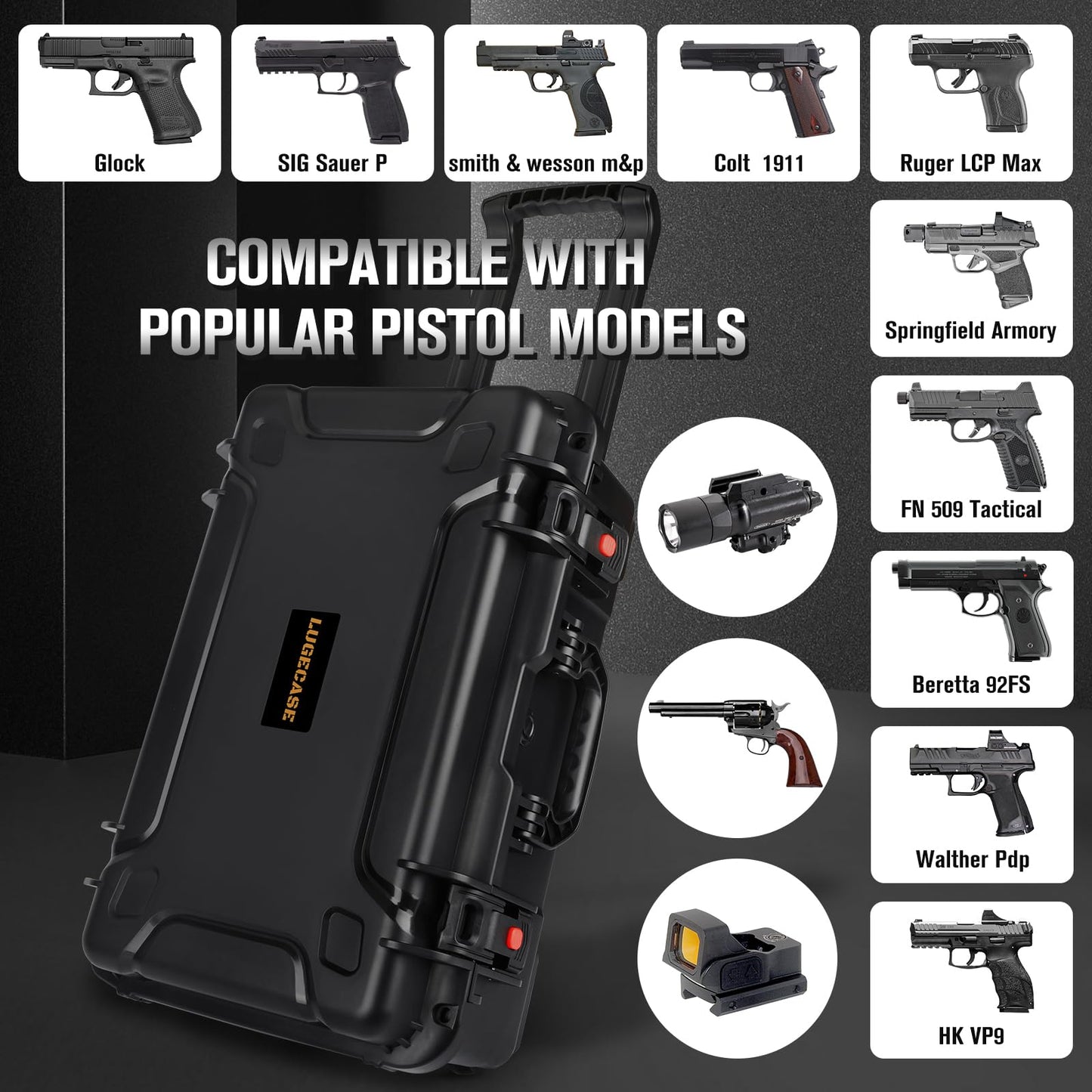 Wheeled Pistol Gun Case for 10 Handguns - Holds 10 Pistols & 12 Magazines, Pre-Cut Pistols Hard Shell Gun Box, TSA Approved Pistol Case for SIG Sauer, Smith & Wesson, for Colt, for Revolver, for Glock