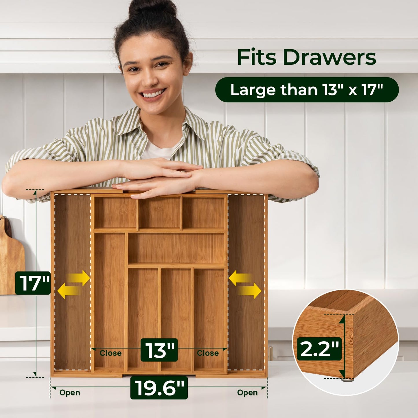 Carbonized Bamboo Kitchen Drawer Organizer, 8 Slots Silverware Organizer, Utensil Holder & Cutlery Tray, 2.2" Deep for Extra Capacity, Non-Slip Feet Included