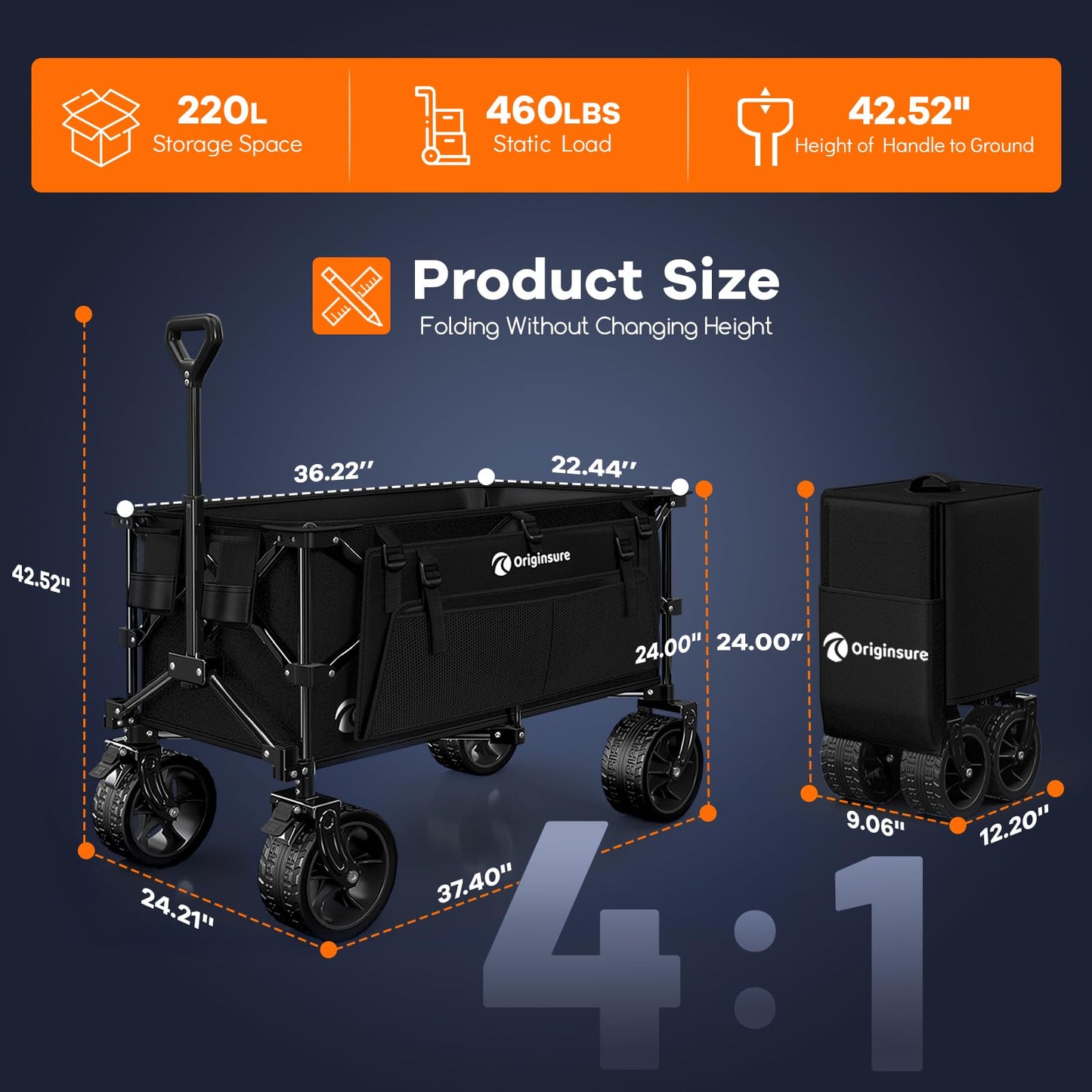 Originsure 220L Collapsible Wagon Cart Foldable, 330LBS Capacity Folding Heavy Duty Beach Wagons, Utility Carts for Groceries, Camping, Sports — Black