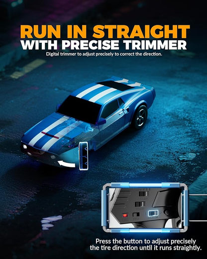 1/64 Scale Drift RC Car2.4Ghz Mini Sports CarEquipped with LED Lights and Mustang Retro Cars with Built-in GyroscopeProfessional Rear Wheel Drive30 Minute Driving Time (Silvery)