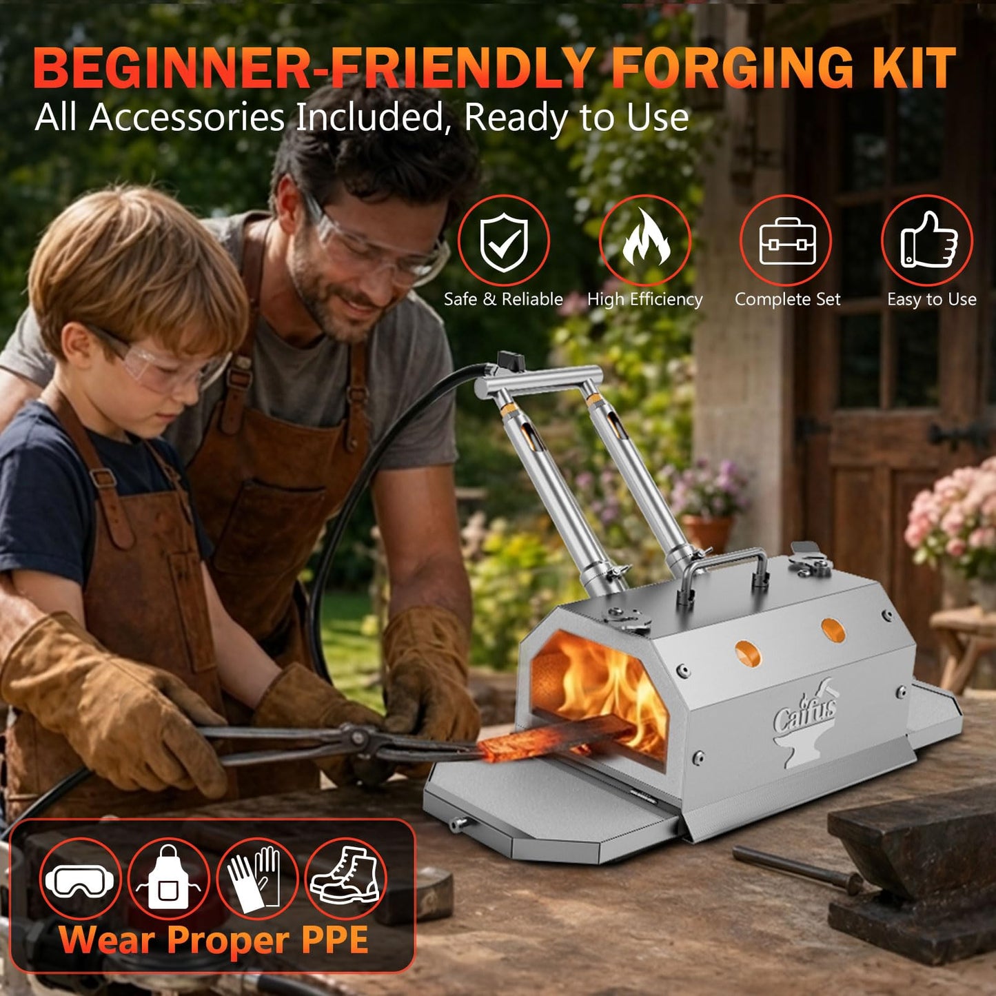 Caifus 2 Burner Propane Forge with Double Doors, Portable Gas Blacksmith Forge Kit with Gas Ball Valve and 30PSI Regulator, Knife Making and Metalworking Blacksmithing Tools for Beginners