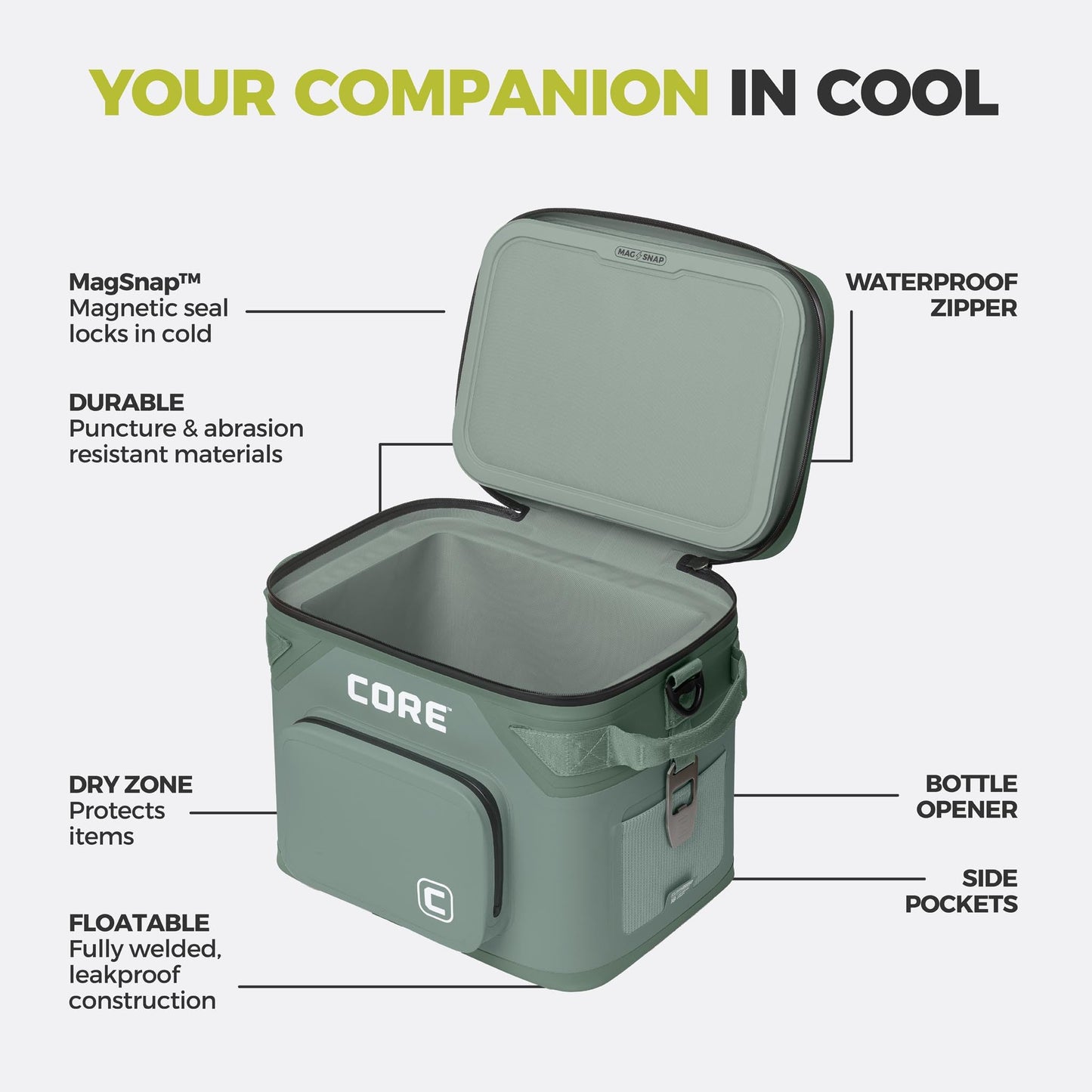 CORE Magnetic Leak Proof 18 Can Soft Cooler with Waterproof Zipper | Insulated Bag Portable Ice Chest Box | Best Soft Cooler for Food & Beverages for Tailgating, Car Camping, and Family Beach Picnics