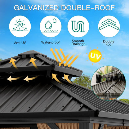 GarveeLife 10x10 ft Double Roof Hardtop Gazebo, Heavy Duty Galvanised Steel Hardtop Pavilion with Nettings and Curtains, Metal Roof Gazebo for Patio, Terrace, Lawn and Deck, Brown