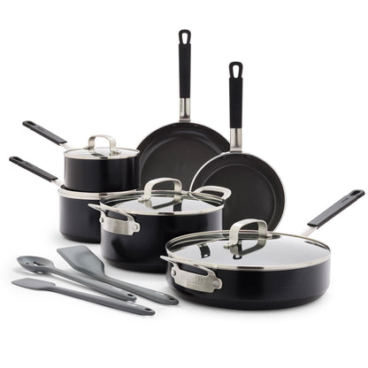 GreenPan x Bobby Flay 13 Piece Nonstick Cookware Pots and Pans Set, PFAS-Free Diamond Ceramic, Induction Suitable, Easy Clean Dishwasher & Oven Safe, Stay-Cool Silicone Handles, Glass Lids, Black