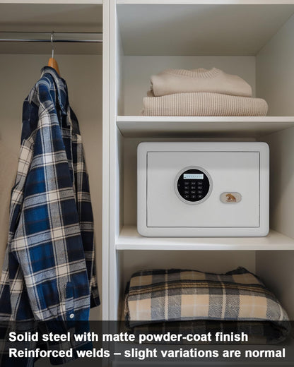 TIGERKING 1.2 Cu Ft Small Safe Box, White Security Safe with Digital Keypad, 2-Bolt Anti-Theft Locking Bolts, Removable Shelf, Easy Setup for Closet, Apartment, Dorm, Home Office