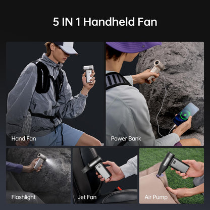 JISULIFE Portable Handheld Fan Ultra2 9000mAh, 5 IN 1, Up to 25Hrs, 100 Speed Turbo Fan, 18W Power Bank, Flashlight, Metal Shell, Travel Essentials Gifts for Men with Splash Proof Portable Case-Grey