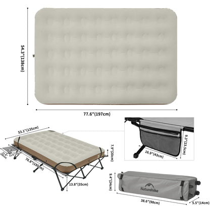 Naturehike Queen-Sized Airbed Cot Combo, Folding 2 Person Camping Cot with Air Mattress, Side Table and Wheeled Carry Bag, Camping Bed for Outdoor Camp Guests (Pump Not Included)