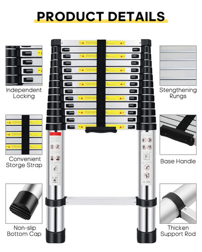 Telescoping Ladder,16.5 FT Aluminum Extension Ladder with 2 Replacement of Non-Slip Rubber Cover, 330 lbs Max Capacity, Multi-Purpose Collapsible Ladder for RV or Outdoor Work
