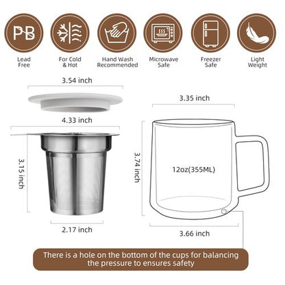 CNGLASS 12oz Double Walled Glass Tea Cup with Stainless Steel Infuser and Lid,Borosilicate Glass Tea Infuser Mug for Loose Tea,Teabag,Set of 1