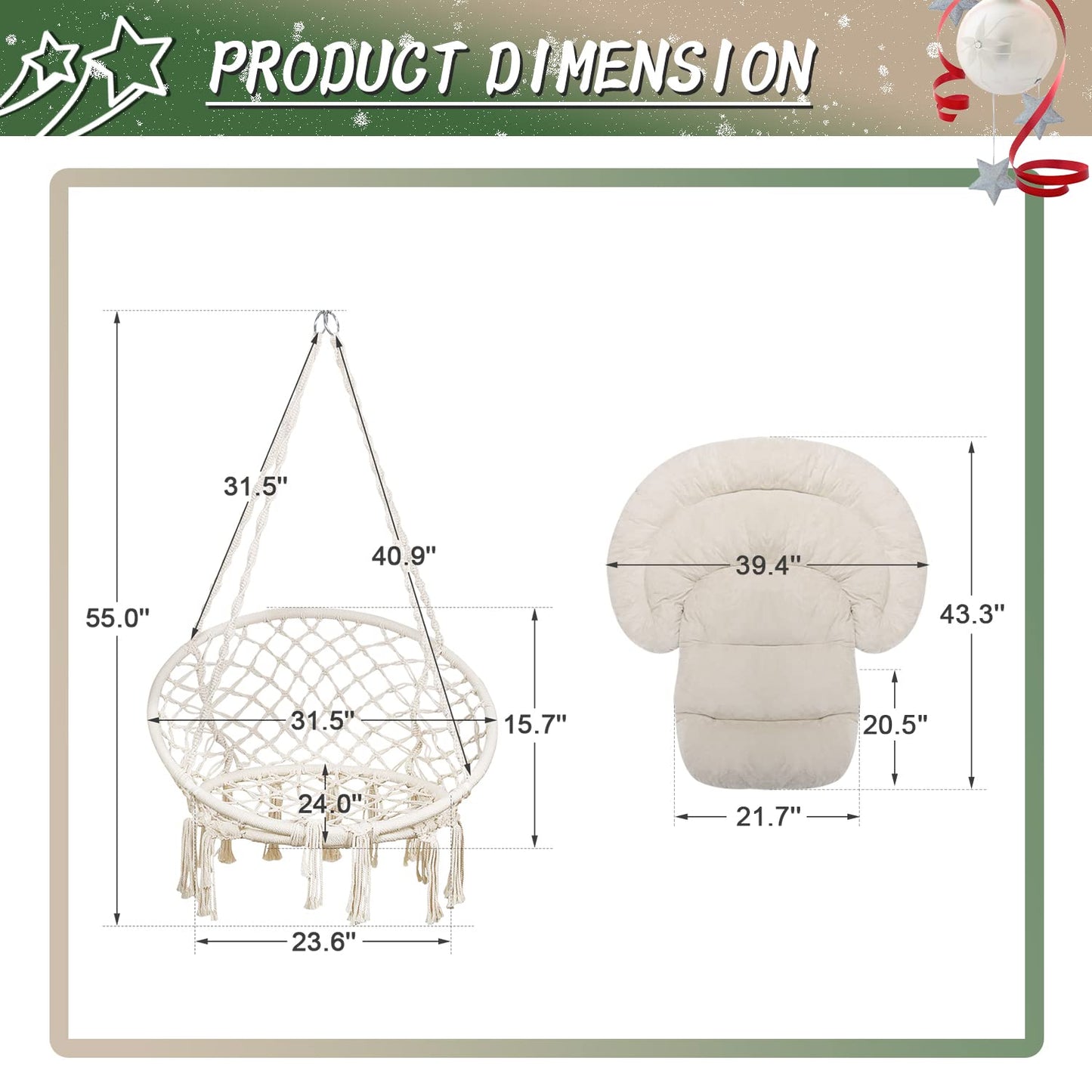 Hammock Chair with Cushion, Handmade Macrame Swing Chair with Hanging Hardware Kits, Bohemian Style Cotton Rope Hanging Chair for Bedroom Indoor Outdoor, Beige