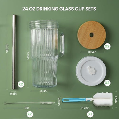 Birity 24oz Ribbed Glass Cup Set - Reusable Tumblers with Lids & Straws | Perfect for Iced Coffee, Juice & Tea