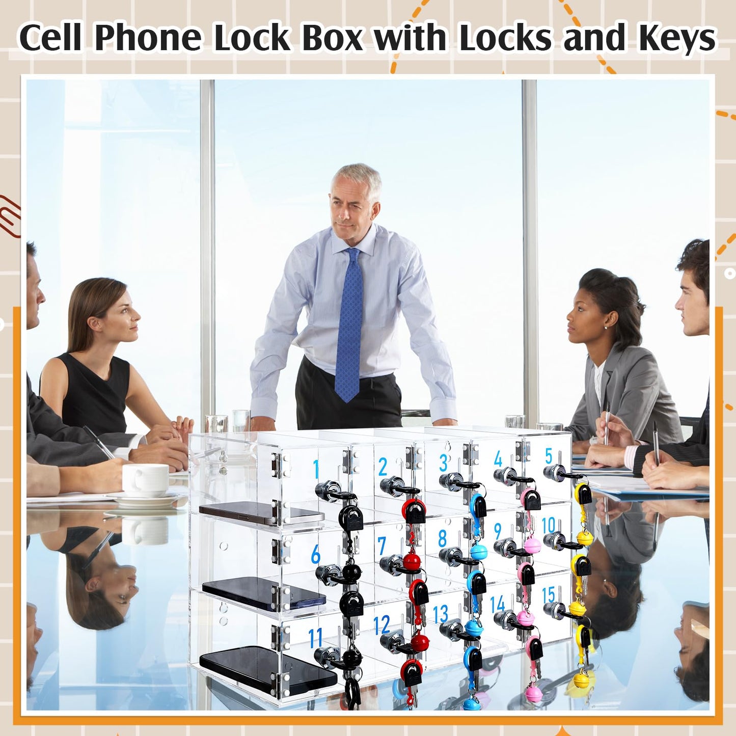 Singhoow 15 Doors Cell Phone Locker Box with Charging Hole (Upgrade Size), Clear Acrylic Cell Phone Storage Cabinet Wall Mounted, Locks, Key, Number for Classroom Employee Office School Factory