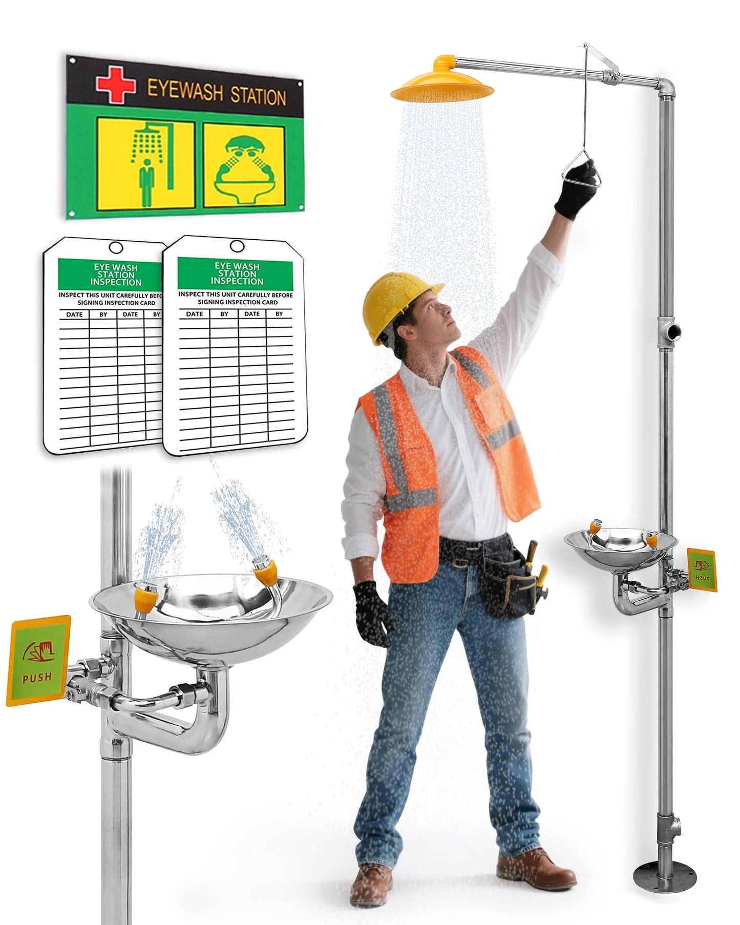 Ezcasch Emergency Eye Wash Station with Shower Stainless Steel Eyewash and Shower Kit Integrated Eyewash and Shower System Multi-Functional Eyewash Station First Aid Eyewash and Shower Kit.