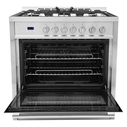 COSMO COS-965AGC 36 in. Gas Range with 5 Burner Cooktop, 3.8 cu. ft. Capacity Rapid Convection Oven with 5 Functions, Heavy Duty Cast Iron Grates in Stainless Steel, 36 inches