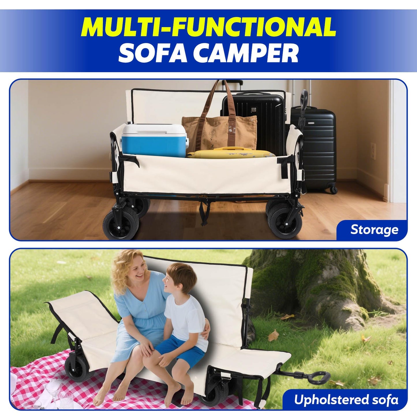 Portable Collapsible Folding Wagon, 550LBS Heavy Duty Utility Carts,Reclining Camper, Expandable Storage, Padded and Wheeled, All Terrain Wheels, Great for Camping, Outdoors, Shopping (White)