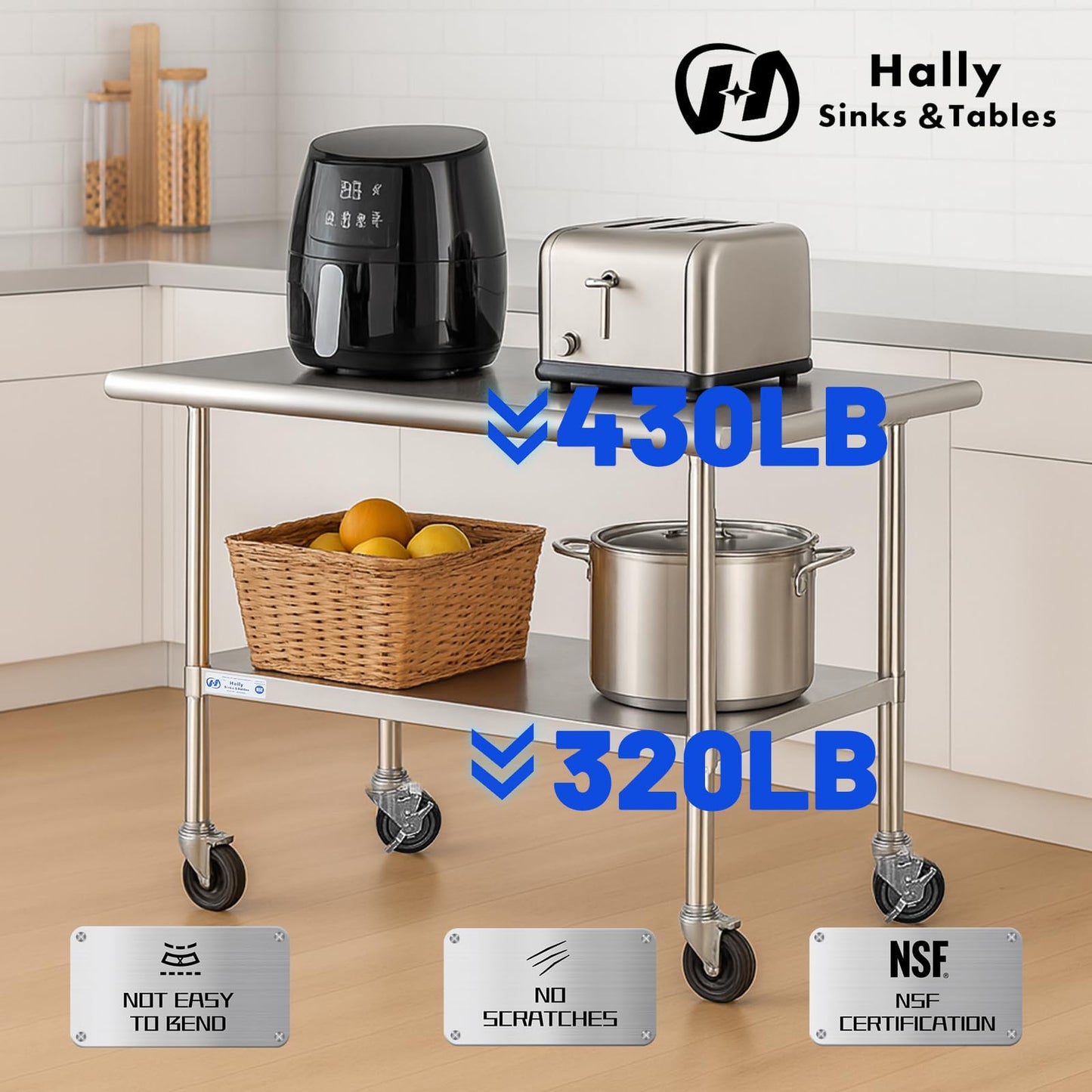 Hally Stainless Steel Table for Prep & Work 24 x 36 Inches with Caster Wheels, NSF Commercial Heavy Duty Table with Undershelf and Galvanized Legs for Restaurant, Home and Hotel