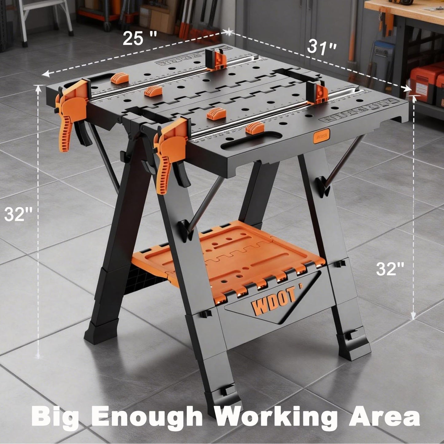 WDOT 2-in-1 Folding Work Bench & Sawhorse, Easy Setup Portable Work Table, 31" W x 25" D x 32" H, Laser-Engraved Scale,Lightweight Worktable with Large Load Capacity, 2 Clamps & 6 Bench Dogs