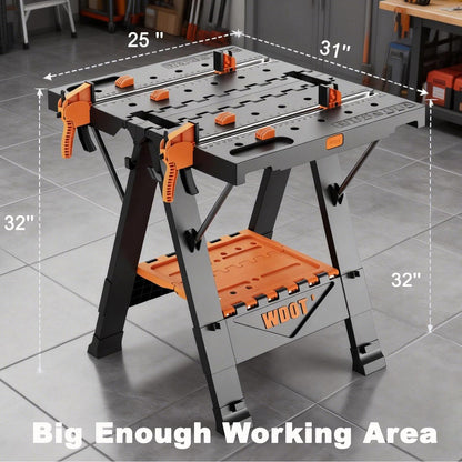 WDOT 2-in-1 Folding Work Bench & Sawhorse, Easy Setup Portable Work Table, 31" W x 25" D x 32" H, Laser-Engraved Scale,Lightweight Worktable with Large Load Capacity, 2 Clamps & 6 Bench Dogs