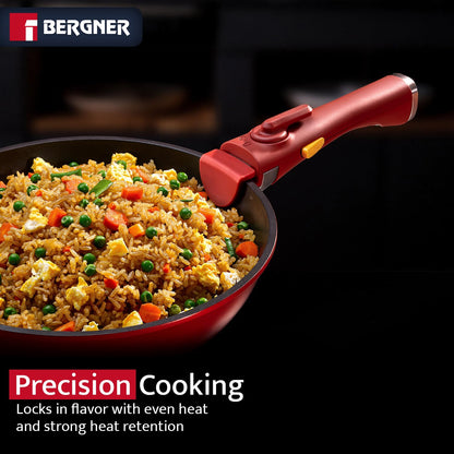 Bergner 11-Piece Non-Stick Cookware Set with Detachable Handles - Stackable Die-Cast Aluminum Pots and Pans Set, Induction & Oven Safe, Space-Saving Kitchen Set, Red