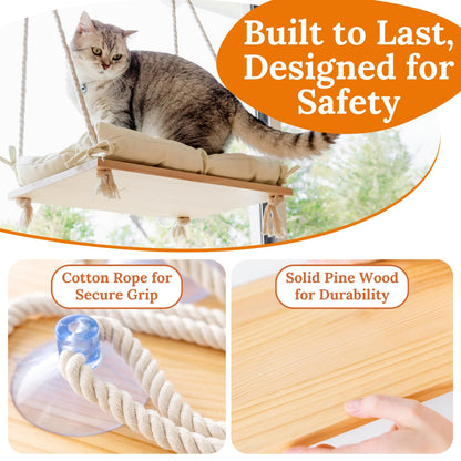 Cat Window Perch - Hammock Bed for Cats Inside - Solid Wood Seat, 4 Strong Suction Cups, Soft Cushion - Rustic Indoor Pet Shelf