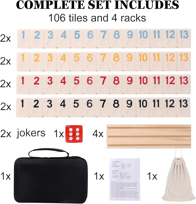 Upgraded 2-4 Players Rummy Cube Board Game Set with 4 Wooden Racks 106 Tiles Portable Case Drawstring Bag and Dice for Adults Friends Night Gifts Travel Party Sharpens Brain