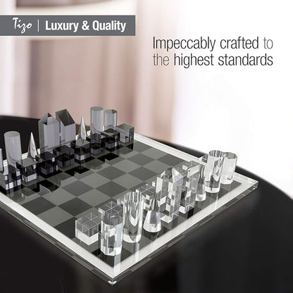 Tizo Design Elegant 17” Lucite Chess Set Designer Lucite &amp Acrylic Pieces Modern &amp Trendy Multiple Options Available (Clear &amp Smoke)