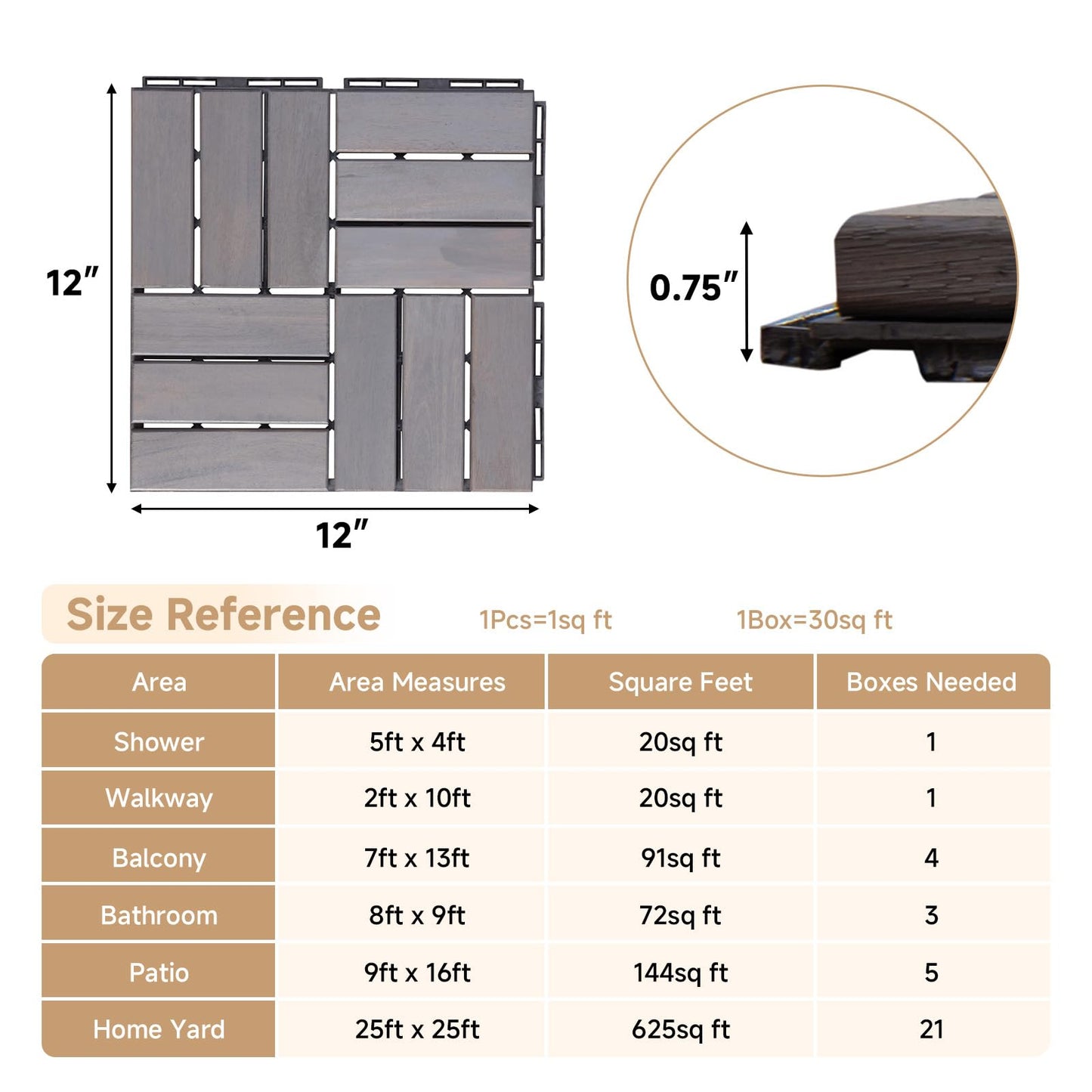 Rovibek Acacia Wood Interlocking Deck Tiles, 30PCS 12"x12" Outdoor Waterproof Decking Tiles, All Weather Use for Balcony Patio Backyard Poolside, Indoor & Outdoor, Checker Gray