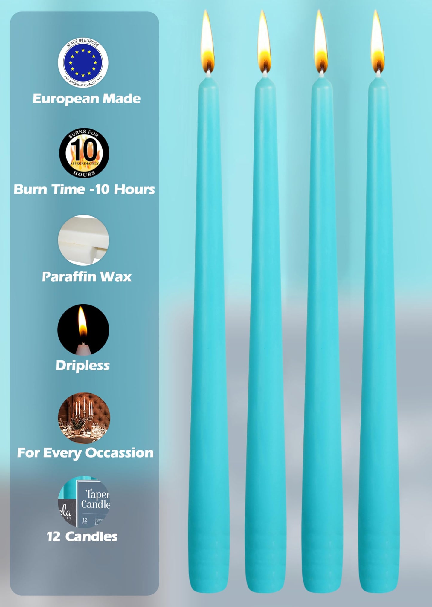 12 Pack Tall Taper Candles - 12 Inch Light Blue - Turquoise Dripless, Unscented Dinner Candle - Paraffin Wax with Cotton Wicks - 10 Hour Burn Time