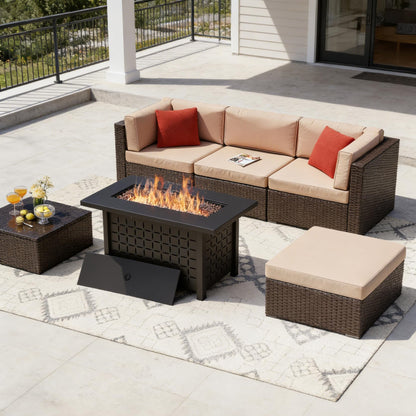 Vongrasig 6 Piece Patio Furniture Set with Fire Pit Table, Outdoor Conversation Sets Rattan Sectional Sofa with Coffee Table, 43 inch Propane Gas Firepit Table with Lid, Beige